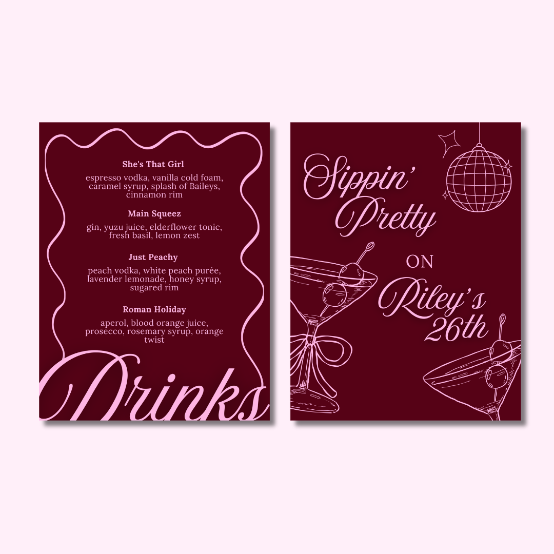 Sippin' Pretty Custom Printed Menus