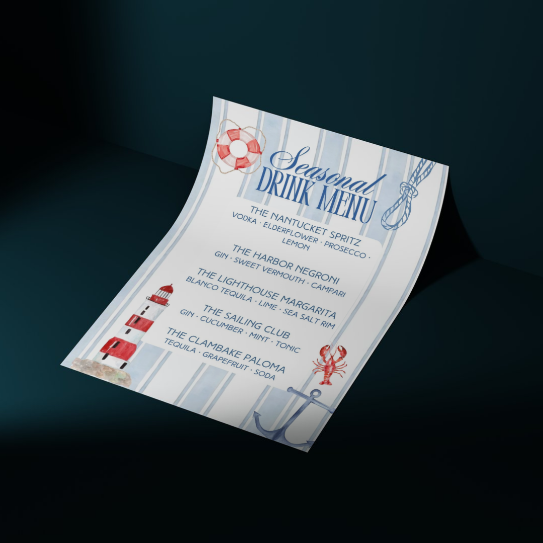 Seaside Nautical Custom Printed Drink Menu