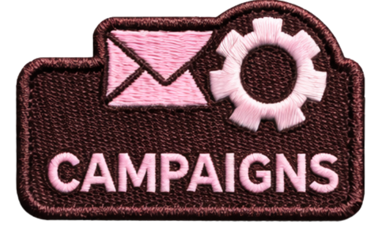 Patch with 'CAMPAIGNS' text and pink envelope and gear icon on brown background