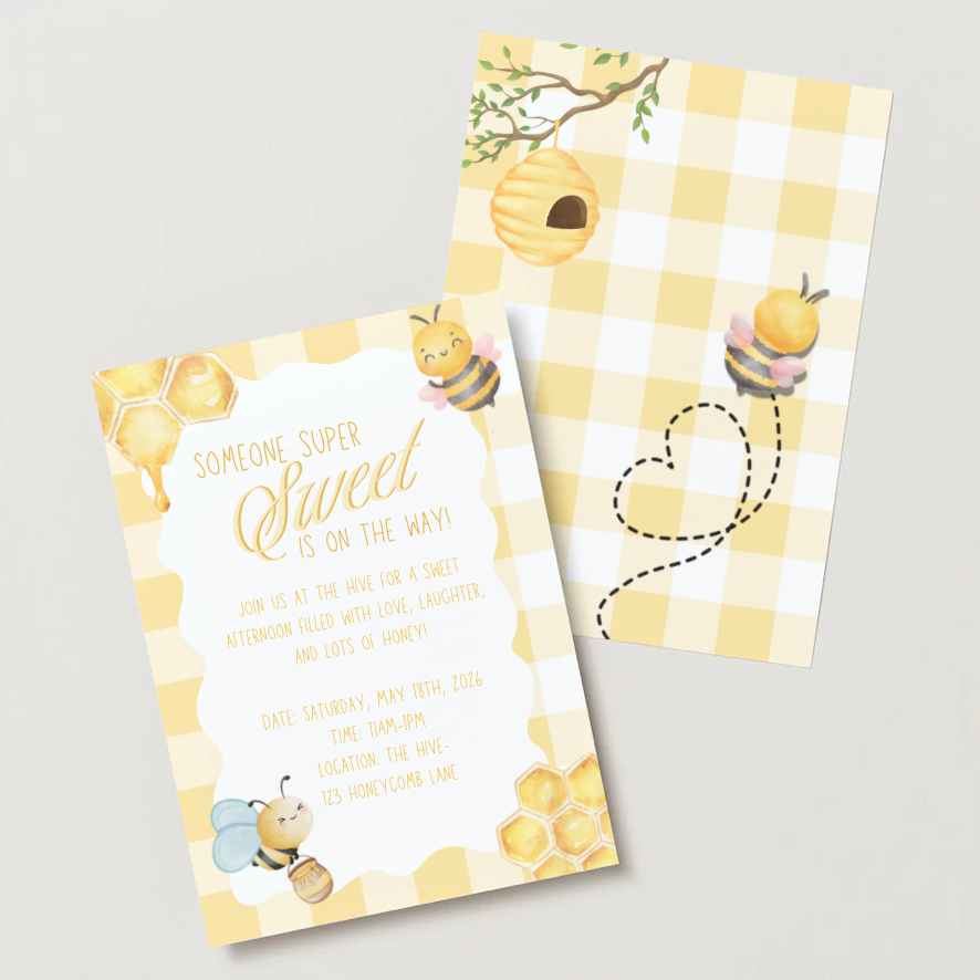 Two baby shower invitations with yellow checkered patterns and bee designs on a light gray background.