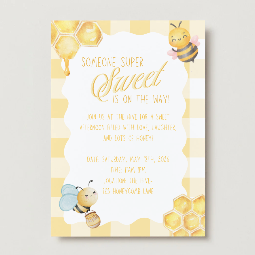 Baby shower invitation with bees and honeycomb design on a white background