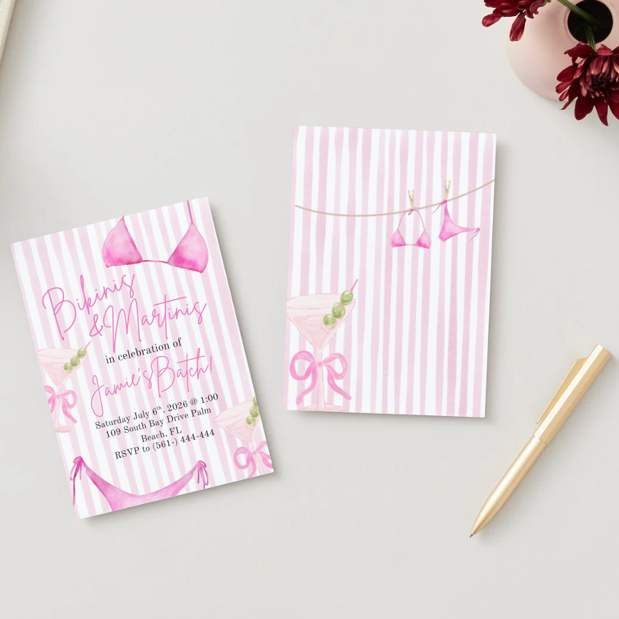Two pink and white striped invitations with decorative elements on a light gray surface.