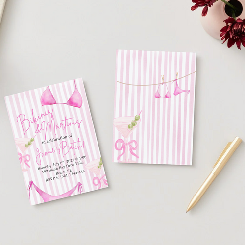 Two pink and white striped invitations with decorative elements on a light gray surface.