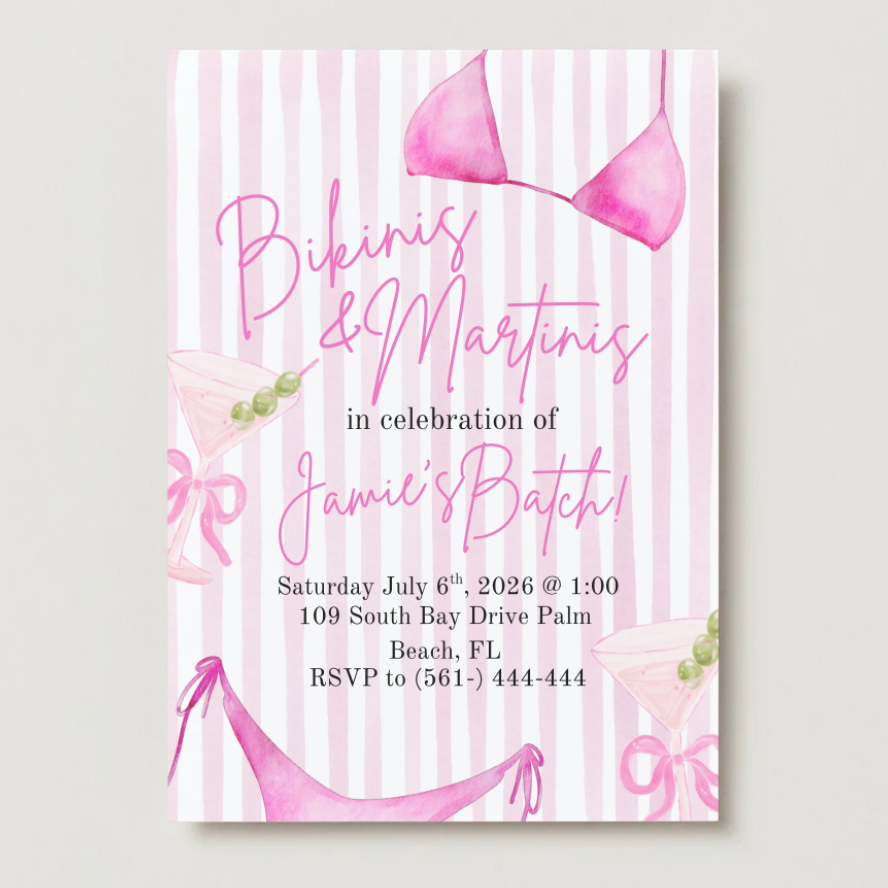 Invitation card with pink bikini and martini design on a white background
