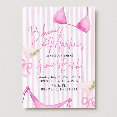 Invitation card with pink bikini and martini design on a white background